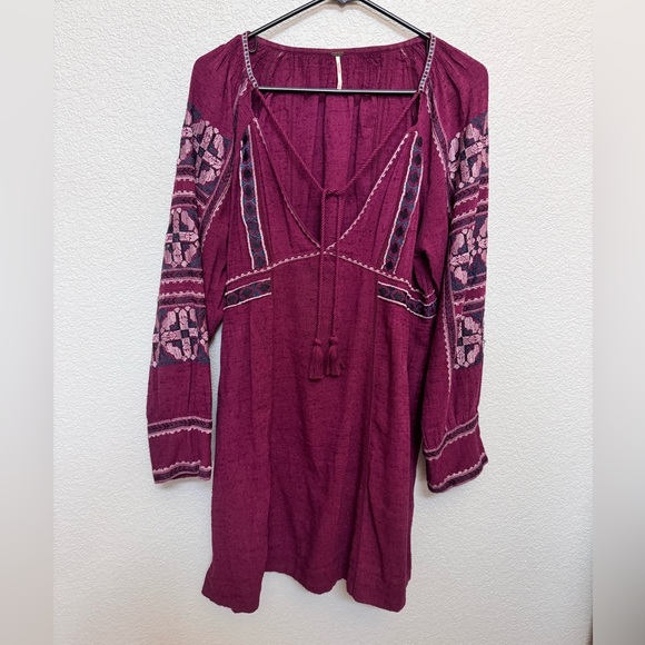Free People Dresses & Skirts - Free People Embroidered Bohemian Tunic Dress Burgundy Women’s S